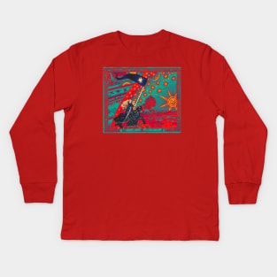 FEMALE KNIGHT OF STARS HORSEBACK IN NIGHT BLUE, RED ,YELLOW AND FLAMMARION Surreal Cosmic Sky, Sun And Moon Kids Long Sleeve T-Shirt